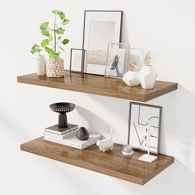 Dreamland 32" Floating Shelves for Wall, 12" Deep Slim Walnut Floating Shelves, Wall-Mounted Shelves for Bedroom, Living Room, Kitchen, Bathroom - Set of 2