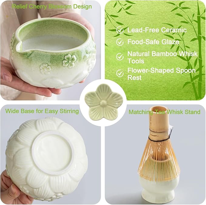 8 PCS Matcha Whisk Set, Green Matcha Kit Set WithCherry Blossom Embossed Pattern Includes Bowl with Spout, Bamboo Whisk, Ceramic Holder, Bamboo Scoop x2, Scoop Rest, Stainless Sifter and Tea Towel