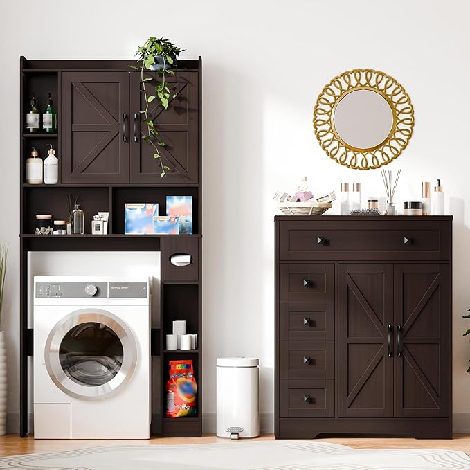 Vabches Farmhouse Storage Cabinet with 2 Doors and 5 Drawers, Freestanding Bathroom Cabinets Kitchen Pantry, Floor Storage Cabinet Hutch Cupboard for Living Room/Bathroom/Kitchen.Espresso