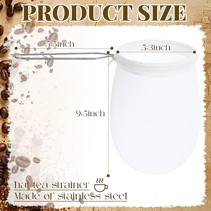 3 Pack Fine Mesh Strainer Bags Stainless Steel Handle 9.5" x 5.3" Large Reusable Cloth Tea Filter Sock Traditional Thai Tea Filter with Reusable Strainer Bag (Small)