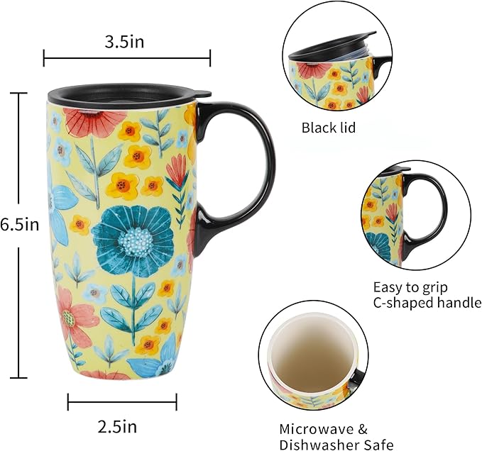 DUSVALLY Ceramic Coffee Mug Travel Cup Gift with Lid 17oz, Tea Cup with Handle for Latte, Cappuccino and Cocoa, Home and Office Porcelain Coffee Cups, Green Flower