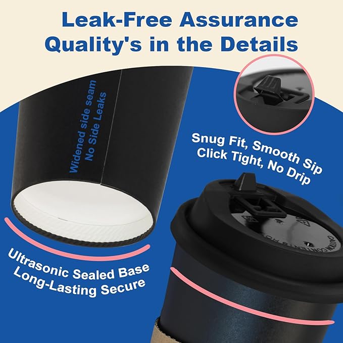 16 oz 100 Pack Coffee Cups with Lids and Sleeves, Straws, Hot Disposable To Go Travel Paper Cups Bulk for Office, Home Coffee Bar Accessories, Chocolate, Cocoa, Beverage (Black)
