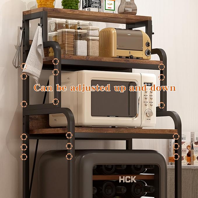 4-Tier Mini Fridge and Microwave Stand Shelf Organizer,61.6" Tall Mini Fridge Cabinet Bakers Rack with Power Outlet,Microwave Oven Stand,Kitchen Shelf Coffee Bar for Home Office Dorm