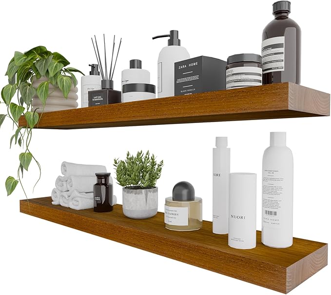 IAE Walnut Floating Wall Shelves 36 inch, Bathroom Shelf Wall Mounted,Invisible Shelving Floating Kitchen Shelf,Wooden Wall Shelves with Brackets for Living Room Wall Mounted,Easy Install,Set of 2