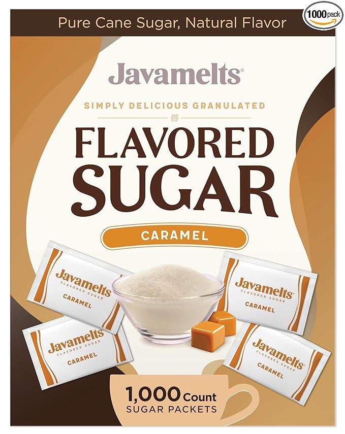 Javamelts Caramel Flavored Sugar Packets | Pure Cane Sugar for Baking, Coffee Syrup Substitute, Cocktails, Tea | Non GMO, Non Dairy, Gluten Free, Kosher | 1,000 Bulk Sugar Packets