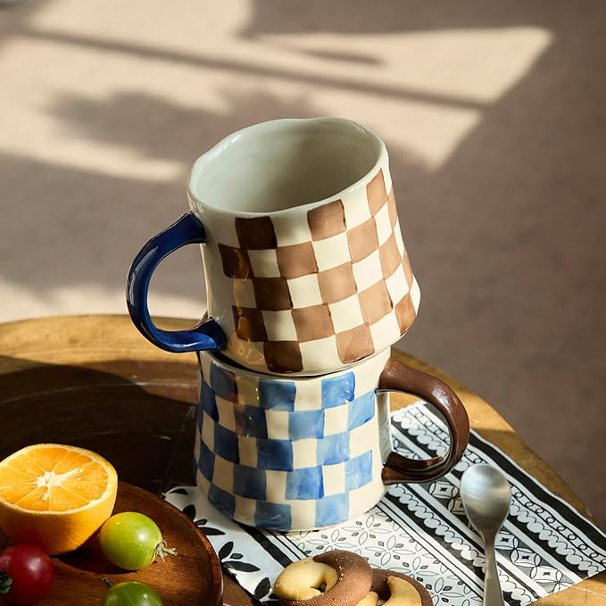 Retro Checkered Ceramic Coffee Mug 16Oz - Extra Large Handle, Microwave Safe Vintage Patterned Tea Cup for Home-4pack