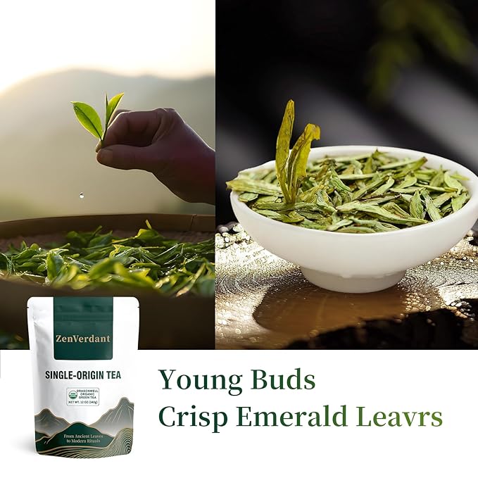 ZenVerdant USDA Organic Longjing Green Tea, 12oz Loose Leaf | Authentic Dragon Well | Resealable Pouch & Smooth Refreshing