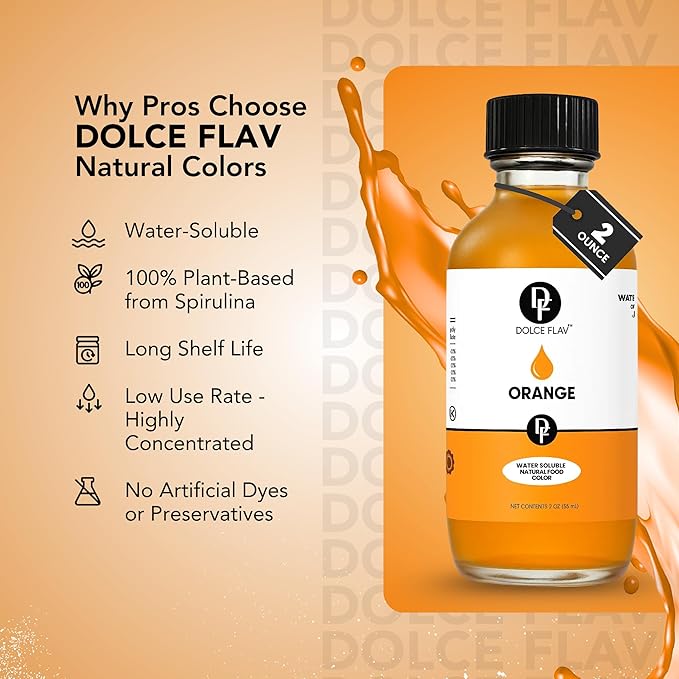Dolce Flav Natural Orange Food Coloring – 2 oz Bright Plant-Based Liquid Dye | Water-Soluble Color for Baking, Drinks & Desserts | Graduated Dropper Included | No Artificial Dyes | Kosher | Made in USA