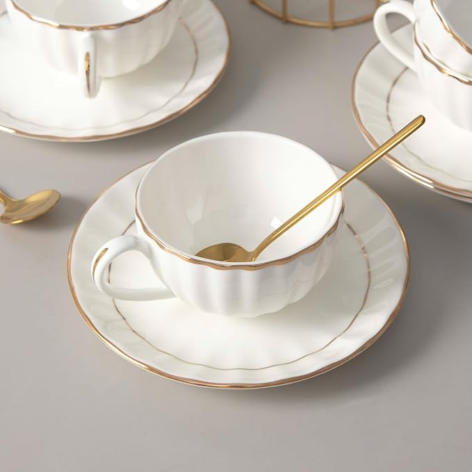 Bone China Tea Cups and Saucers Set (6 oz, Set of 4) – White Luxury Fine Porcelain Mugs for Tea, Coffee, Latte Art, Barista Use, Elegant Gifting