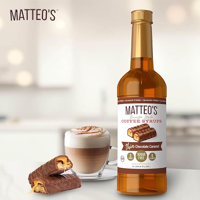 Matteo's Salted Chocolate Caramel Syrup for Coffee, Lattes, Cappuccinos & Desserts – Sugar-Free Sweetener for Beverages, Keto Friendly, Zero Calories, Indulgent Flavor, Non-Alcoholic, 33.8oz (1pk)
