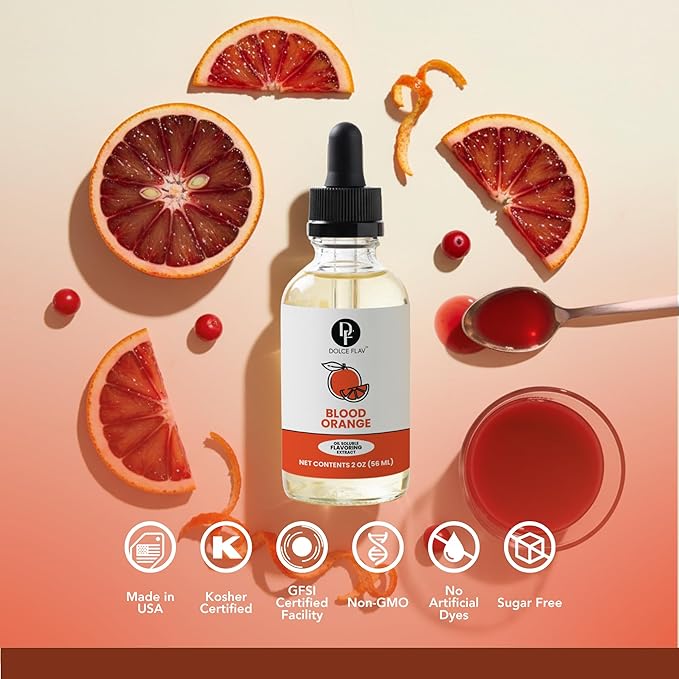 Dolce Flav Natural Blood Orange Extract – 2 Ounce Oil-Soluble Kosher, Sugar-Free, Concentrated Blood Orange Flavoring for Baking, Chocolates & Desserts, Includes Measured Dropper