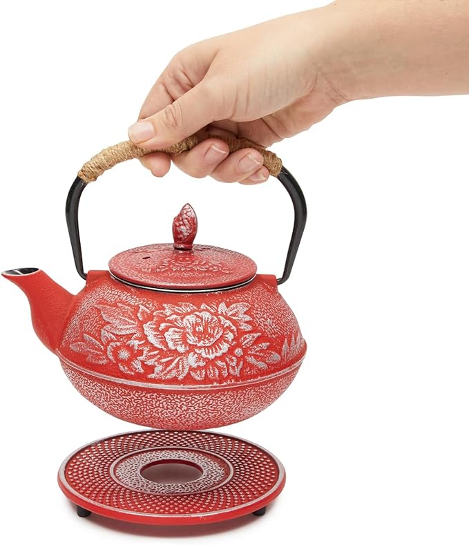 Juvale Japanese Cast Iron Teapot with Infuser - Red, 27 oz (800 ml), 3-Pc Teapot Set - Stovetop Kettle for Loose Leaf Brewing - Removable Stainless Steel Infuser & Trivet Included