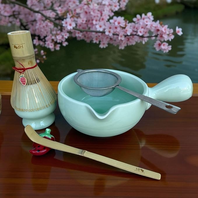 HAPPY PATH & CO Matcha Whisk Set – 6 Pcs Matcha Tea Set Includes Bamboo Whisk(Chasen) & Holder,Bowl with Spout,Sifter,Scoop & Stand | Matcha Making Kit - Perfect for Matcha Lovers(Mint Berry)