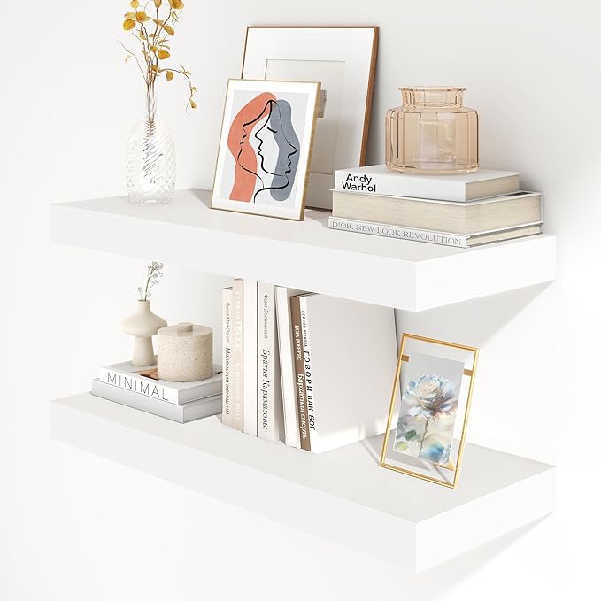 30 Inch Floating Shelves | 12 Inch Deep White Floating Shelves Set of 2 | 30" W x 12" D Rustic Wood Shelves for Wall | Deep White Shelves for Living Room Bathroom Laundry Room Kitchen