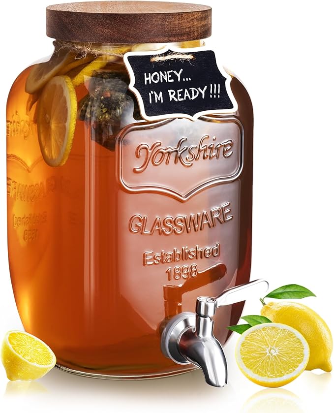 Mustry Glass Drink Dispenser for Parties, 1 Gallon Beverage Dispenser with Spigot Solid Stainless Steel, Used as Lemonade Dispenser Sun Tea Jar Kombucha Jar