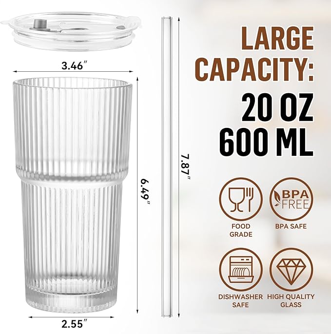 20 oz Glass Cups with Lid and Straw 2 Set, Glass Tumbler with Straw and Lid, Vintage Glassware for Whiskey Cocktail Beer, Iced Coffee Cups with Lid (6 PACK)