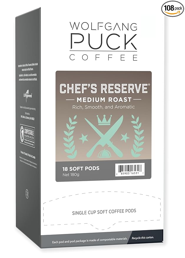 Wolfgang Puck Coffee, Chef's Reserve, 9.5 Gram Soft Pods, 18 Count (Pack of 6)
