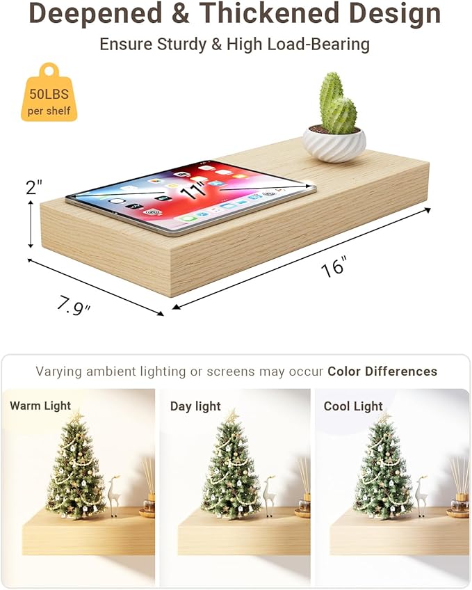 White Oak Floating Shelves, 2 Inch Thick Sturdy Wood Floating Shelves for Wall, 8 Inch Deep Shelves Over Toilet, 16 x 8 Wall Shelves for Kitchen Living Room Bathroom, 50LBS Capacity, 2-Piece