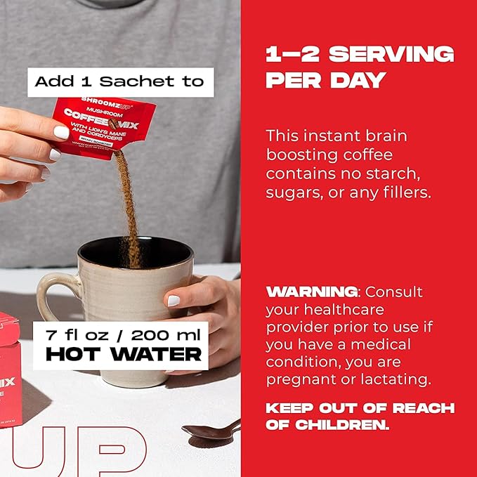 ShroomzUp Vegan Mushroom Coffee, Arabica Instant Coffee Mix With Lions Mane and Cordyceps for Travel, Better Focus, Energy, and Productivity, 15 Packets