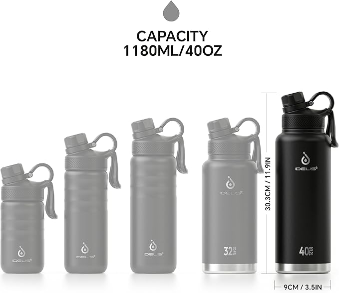 IDEUS Insulated Stainless Steel Water Bottle with 2 Leak-Proof Lids, Thermal Water Flask for Hiking Biking, Double Wall Insulation, 40oz, Black