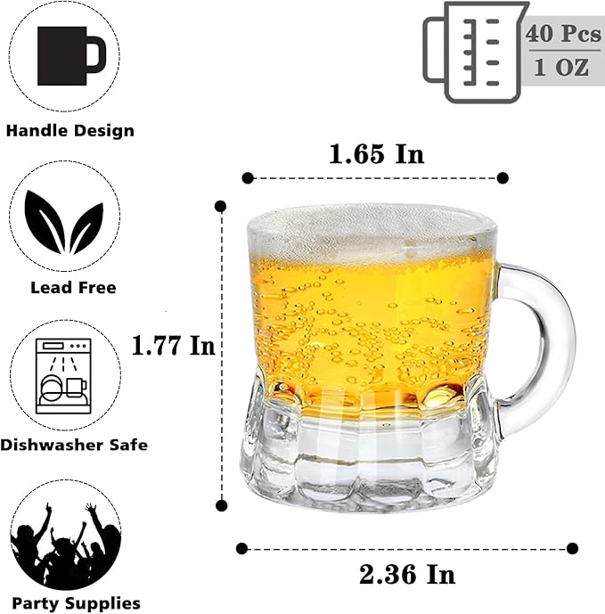 Mini Beer Mugs, 40 Pcs Real Glass Shot Glasses, 1 Oz Clear Beers Glass with Handles Heavy Base Beer Stein Tasting Glasses for Beers, Whiskey, Tequila, Vodka