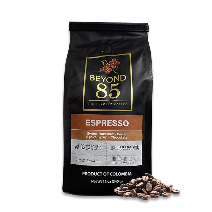 BEYOND 85 COFFEE, Espresso, Premium Colombian Coffee, Medium Roast, Fruity, Nutty & Chocolatey Notes, Whole Bean, 12 OZ
