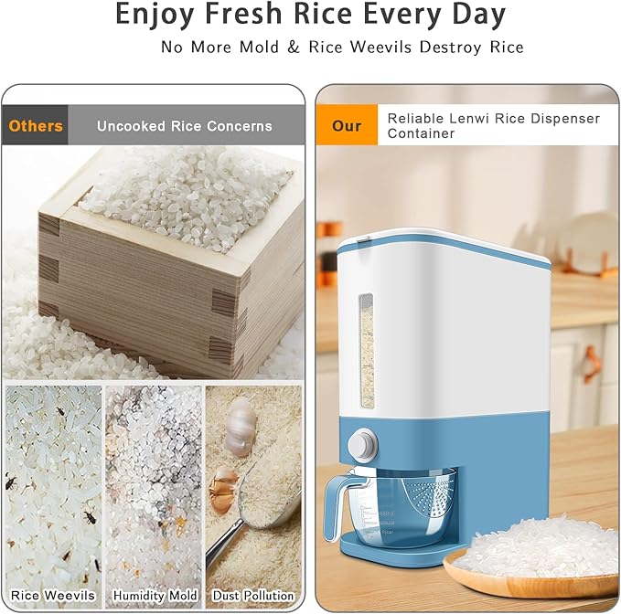 22-25 Lbs Rice Dispenser, Large Cereal Dry Food Storage Containers with Measuring Cup,BPA-Free Household for Kitchen Pantry Organization-Blue