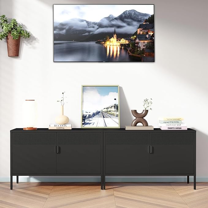 Metal Storage Cabinet with Doors,Black Accent Cabinet,Metal Locker Storage Cabinets,2 Door TV Media Stand with Removable Shelves for,Home,Office,Entryway,Living Room