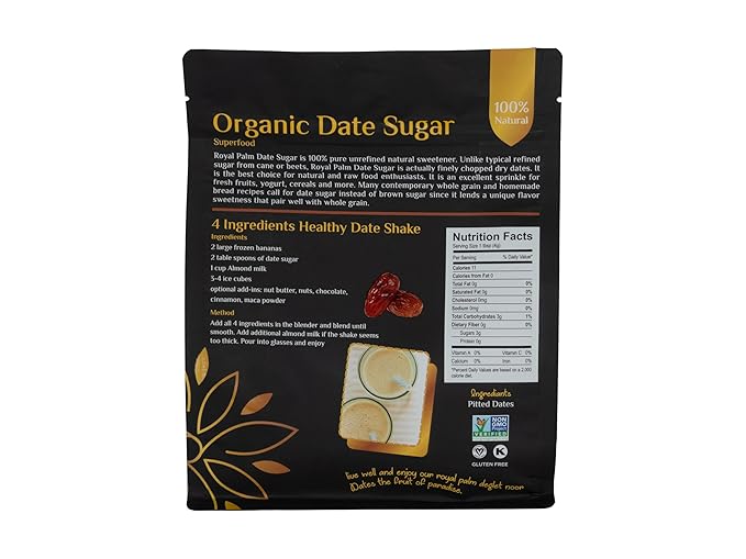 Royal Palm Organic Date Sugar | Premium Natural Sweetener | Ideal Baking Sugar Substitute | High-Fiber Vegan & Paleo Alternative | Gluten-Free & Kosher | Non-GMO | 16oz Pack