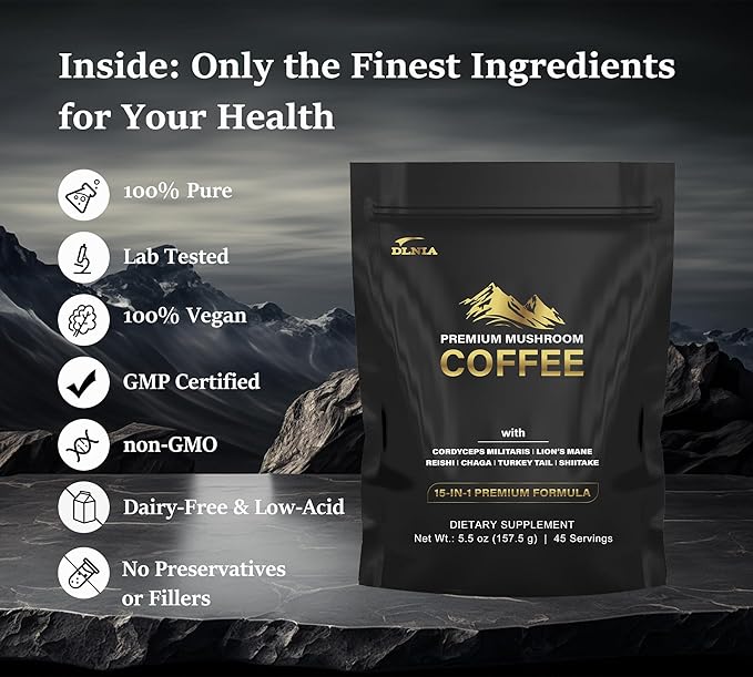 DLNIA Instant Organic Mushroom Coffee with 12 Adaptogenic Mushrooms, Arabica Beans, Coconut Milk & MCT Oil | Cordyceps, Lion’s Mane & Turkey Tail Instant Coffee for Better Energy, Focus, Digestion, Immunity