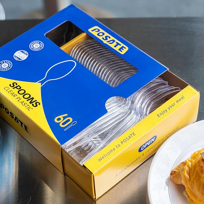 POSATE Heavy Duty Plastic Spoons, Clear Disposable, Pack of 60
