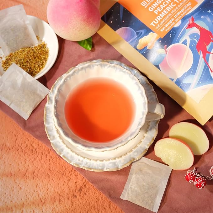 WT WEETEE Ginger Peach Turmeric Tea, 2.5g 100 Count Ginger Turmeric Tea Bags with Cinnamon Hibiscus Rosehip Cardamom Chamomile Hawthorn and More, Natural Caffeine Free Herbal Tea