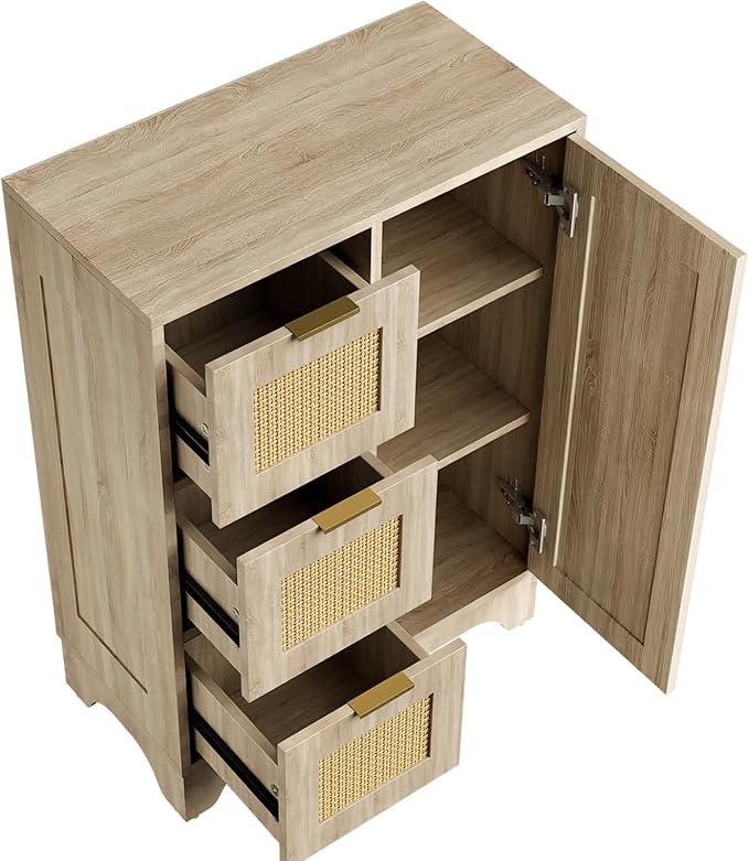 ALBAD Boho Sideboard Buffet Cabinet with 3 Storage Drawer Rattan Door and Adjustable Storage Shelves Rustic Farmhouse Coffee Bar for Dining Room, Kitchen, Natural Wood