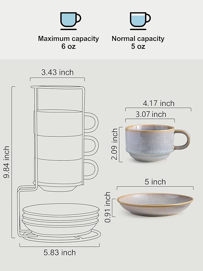 Gomakren 6 Ounce Cappuccino Cups with Saucers and Metal Stand, Stackable Coffee Cup Set of 4, Christmas Porcelain Espresso Cups for Coffee Drinks, Cappuccino, Latte, Americano, Tea, Gray