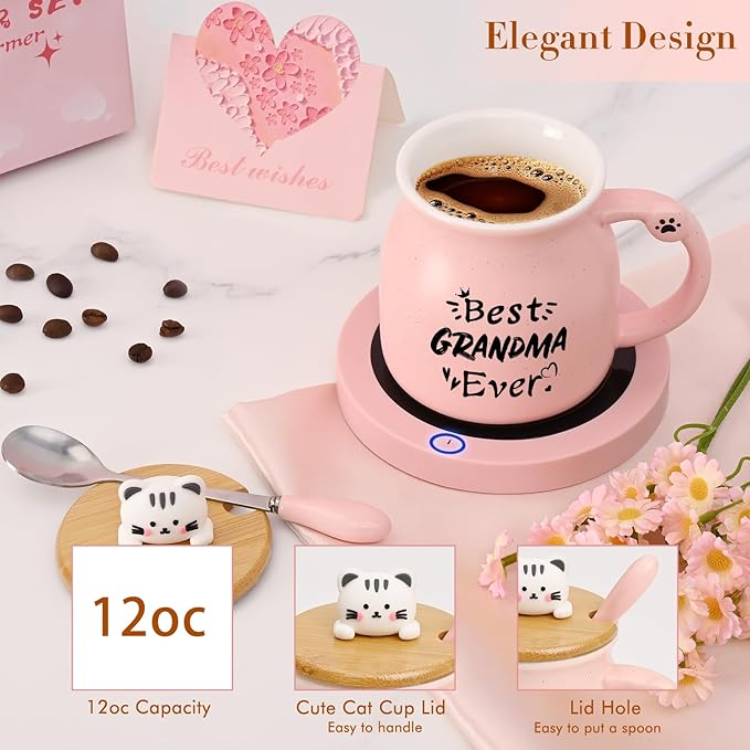 Coffee Mug Warmer, Best Grandma Ever Mug, Cute Cat Mug Set, Coffee Cup Warmer for Desk, Gifts for Grandma, Pink Heated Coffee Warmer for Nana Home Office Christmas Birthday Gifts