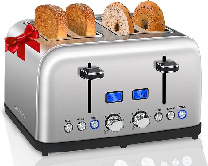 SEEDEEM Toaster 4 Slice, LCD Display, 6 Shade Settings, 1.5'' Wide Slots, Digital Stainless Toaster for Bagel, Defrost, Reheat, Dual Control, Removable Crumb Tray, 1500W, Silver Metallic