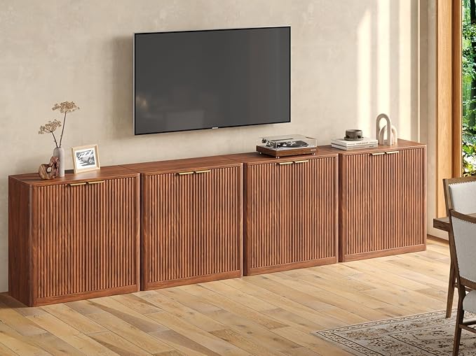 Evermagin 126" Walnut Buffet Cabinet with Storage, Large Sideboard Cabinet, Mid Century Modern Accent Credenza, Fluted Console Table with Doors for Dining Room, Kitchen, and Living Room