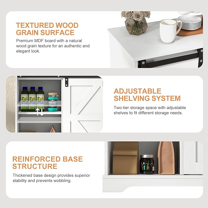 Panana Sliding Barn Door Buffet Sideboard Storage Cabinet Coffee Bar Kitchen Farmhouse Style (White)