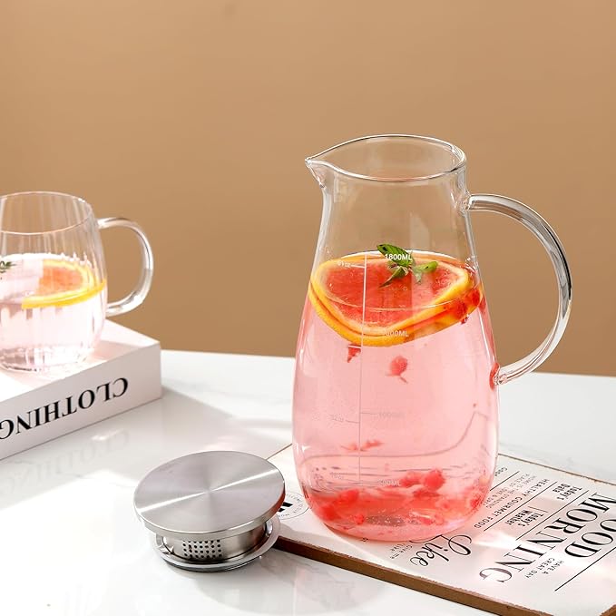 Glass Pitcher with Lid, 68 oz/2 Liter,Hand Blown Glass Water Pitcher and Precise Scale Line for Hot/Cold Beverages, Juice, Lemonade, and Milk, Heat Resistant,Christmas Gifts