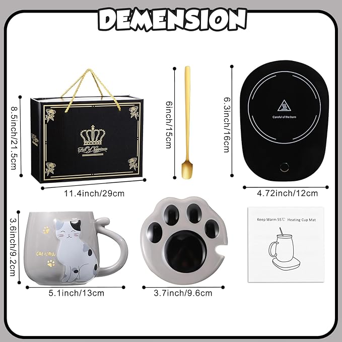 Honeydak Coffee Mug Warmer Cute Cat Mug Set Cup Warmer for Desk for Women Heated Coffee Warmer for Mom Home Office Christmas Birthday Gifts(Gray)