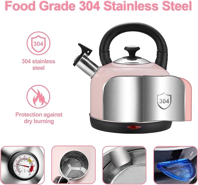 Electric Kettle Temperature Dash, YiiMO 2L Stainless Steel Hot Water Boiler with Thermometer for Tea Coffee 1200W, Auto Shut-Off Boil-Dry Protection BPA Free, Large Pink Retro Cute