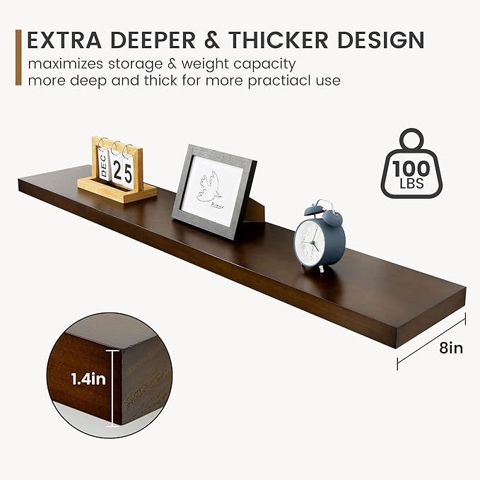 48 Inch Floating Shelf for Fireplace Mantel - 8 Inch Deep Rustic Solid Pine Wood Wall Shelf - Farmhouse Style Shelf with Heavy-Duty Metal Brackets - 48"W x 8"D - American Walnut, Set of 1
