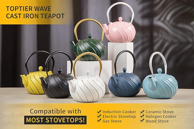 TOPTIER Japanese Cast Iron Teapot with Infuser, Stovetop Safe Teakettle, Wave Design, Enameled Interior, 30 oz (900 ml), Green
