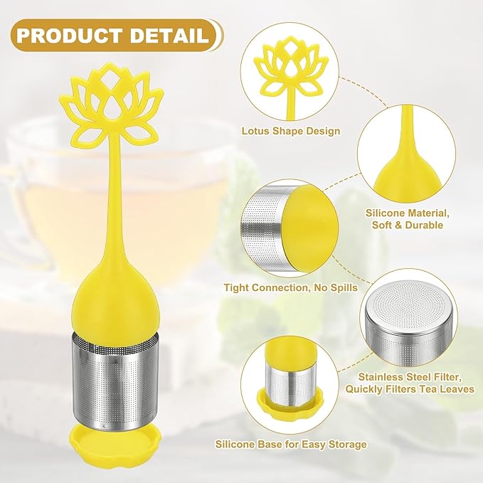 uxcell 2 Pcs Lotus Tea Infuser, Stainless Steel Loose Leaf Tea Steeper Filter with Silicone Handle Reusable Thin Pores Mesh Strainer Diffuser for Teacups Teapots Mugs, Yellow