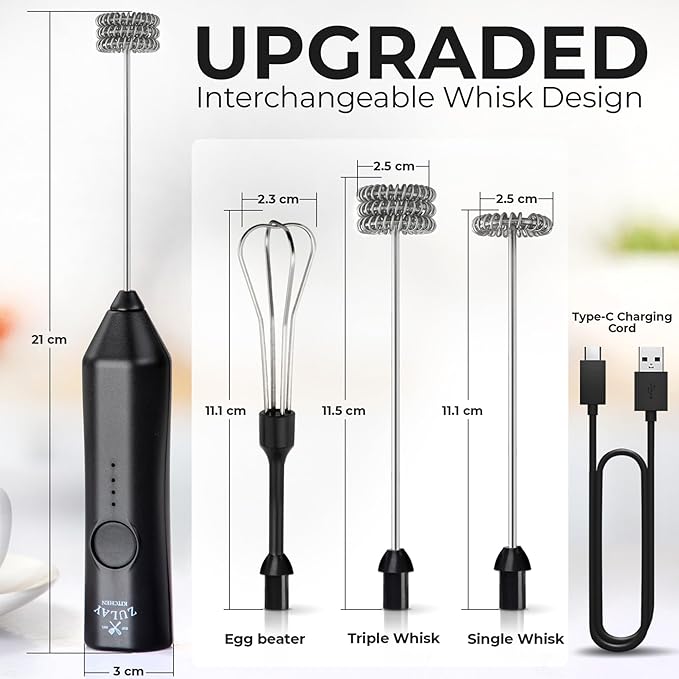 Zulay Kitchen Rechargeable Milk Frother - Dynamic - 3 Speeds, 3 Whisk Attachments, 500 mAh USB Charging, Drink Mixer For Latte, Cappuccino, Matcha, Protein Powder, Coffee Foam - Black