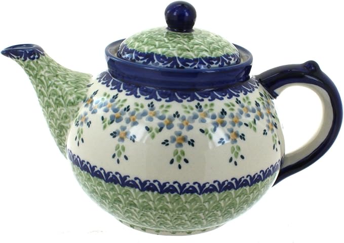 Blue Rose Polish Pottery - Green Summer Vine Teapot - 5 Cup Capacity - Hand-Painted Polish Pottery Ceramic Coffee & Tea Server