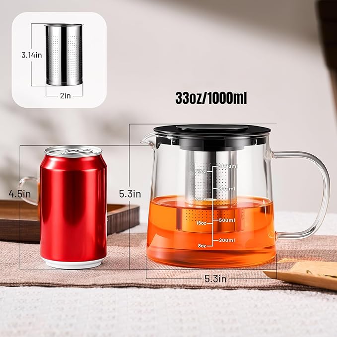 PARACITY Glass Teapot Stovetop 33oz/1000ml, Tea pot with Removable 18/8 Stainless Steel Infuser, Borosilicate Clear Tea Kettle, Teapot Blooming and Loose Leaf Tea Maker Tea Brewer for Camping