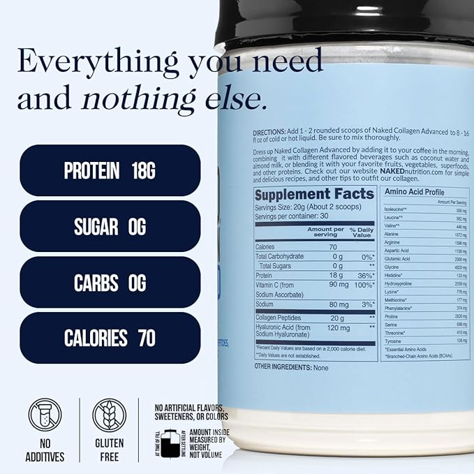 NAKED Collagen Advanced - Peptides Protein Powder, Hyaluronic Acid, Vitamin C, Pasture-Raised, Grass-Fed Hydrolyzed Collagen Supplement, Paleo Friendly, Non-GMO, Keto, Gluten Free, 21oz - 30 Servings