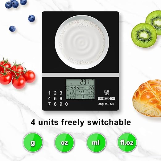 5000g Smart Nutrition Scale, Kitchen Scale with Food Code, Food Scale for Meal Prep, Portion Control, Baking, Weight Loss, 4 Units, Tare Function, Batteries Included