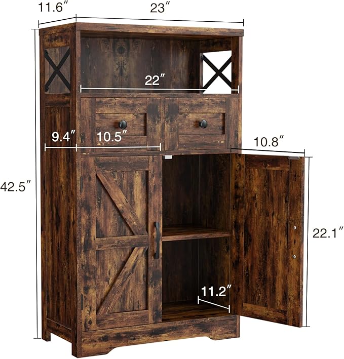 Farmhouse Storage Cabinet with Drawers and Shelves, Kitchen Pantry Storage Cabinet, Floor Hutch Cupboard for Dining Living Room Home Office, Rustic Brown